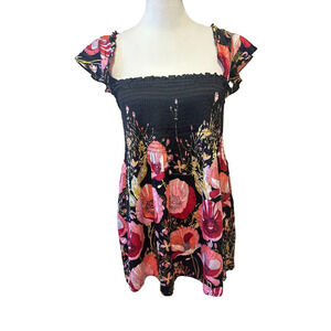 Guess Y2K Square Neck Smocked Babydoll Top Size M Silk Fairy Whimsigoth Floral‎